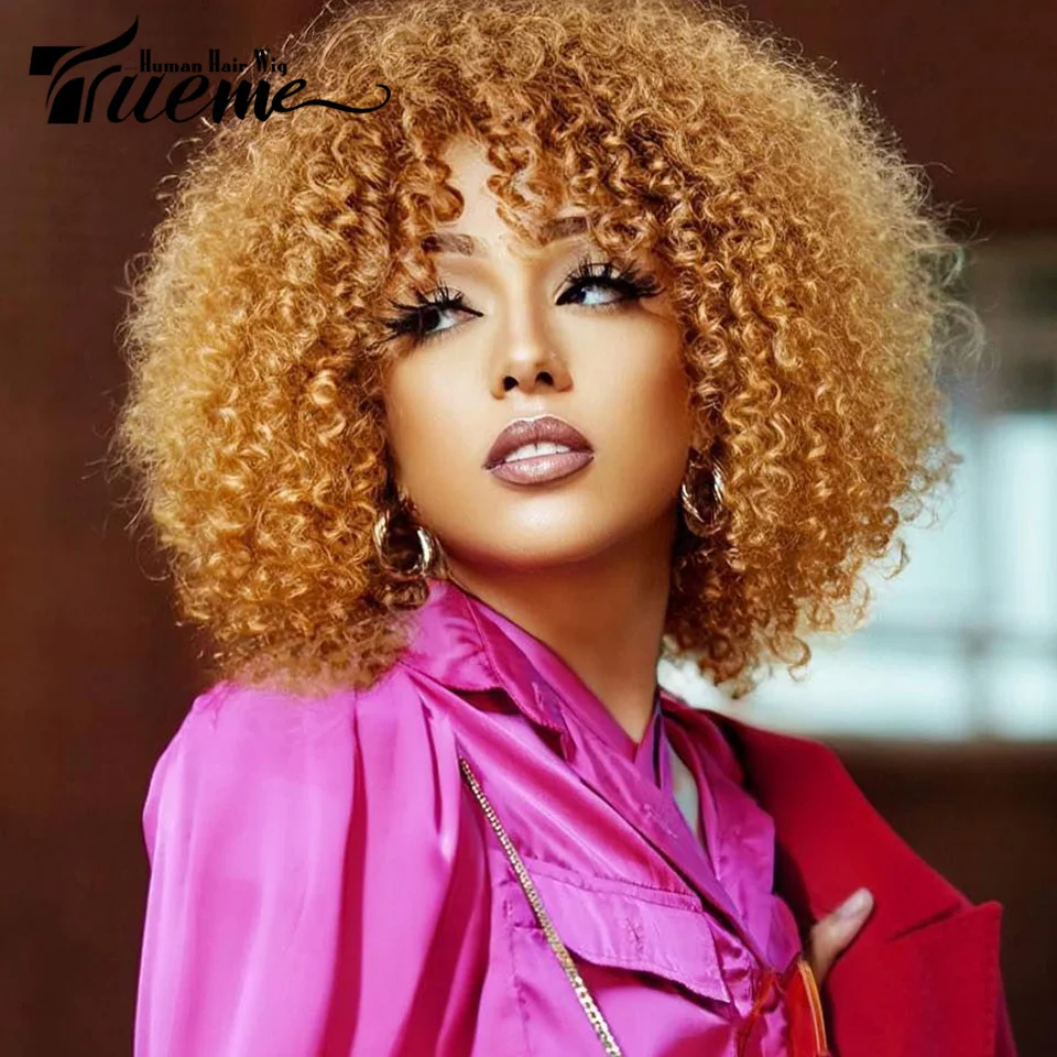 Honey Blonde Kinky Curly Bob Wig Human Hair Wigs For Women Ombre Highlight Brown Brazilian Jerry Curl Human Hair Wig Trueme