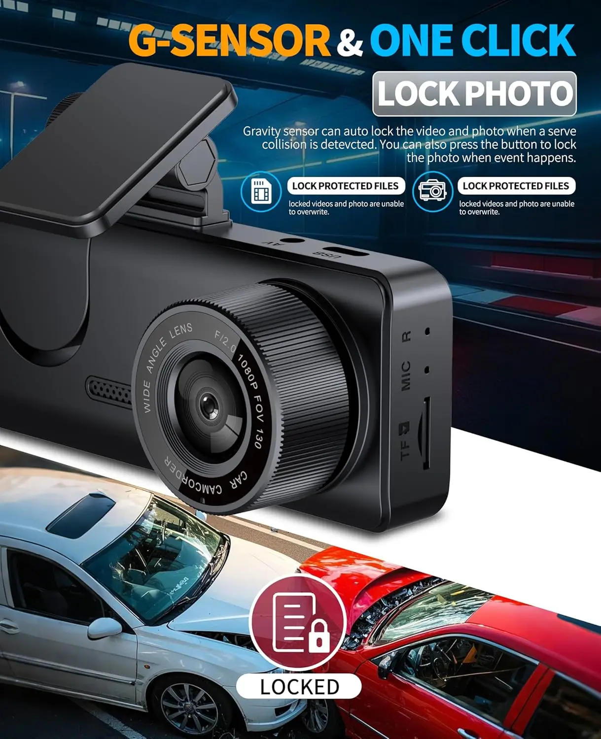 كاميرا سيارة واي فاي مزدوجة القناة، 2.0 بوصة IPS، التحكم في التطبيقات، مستشعر G، تسجيل الحلقة، 170 ° زاوية واسعة، رؤية ليلية، وضع ركن السيارة #5