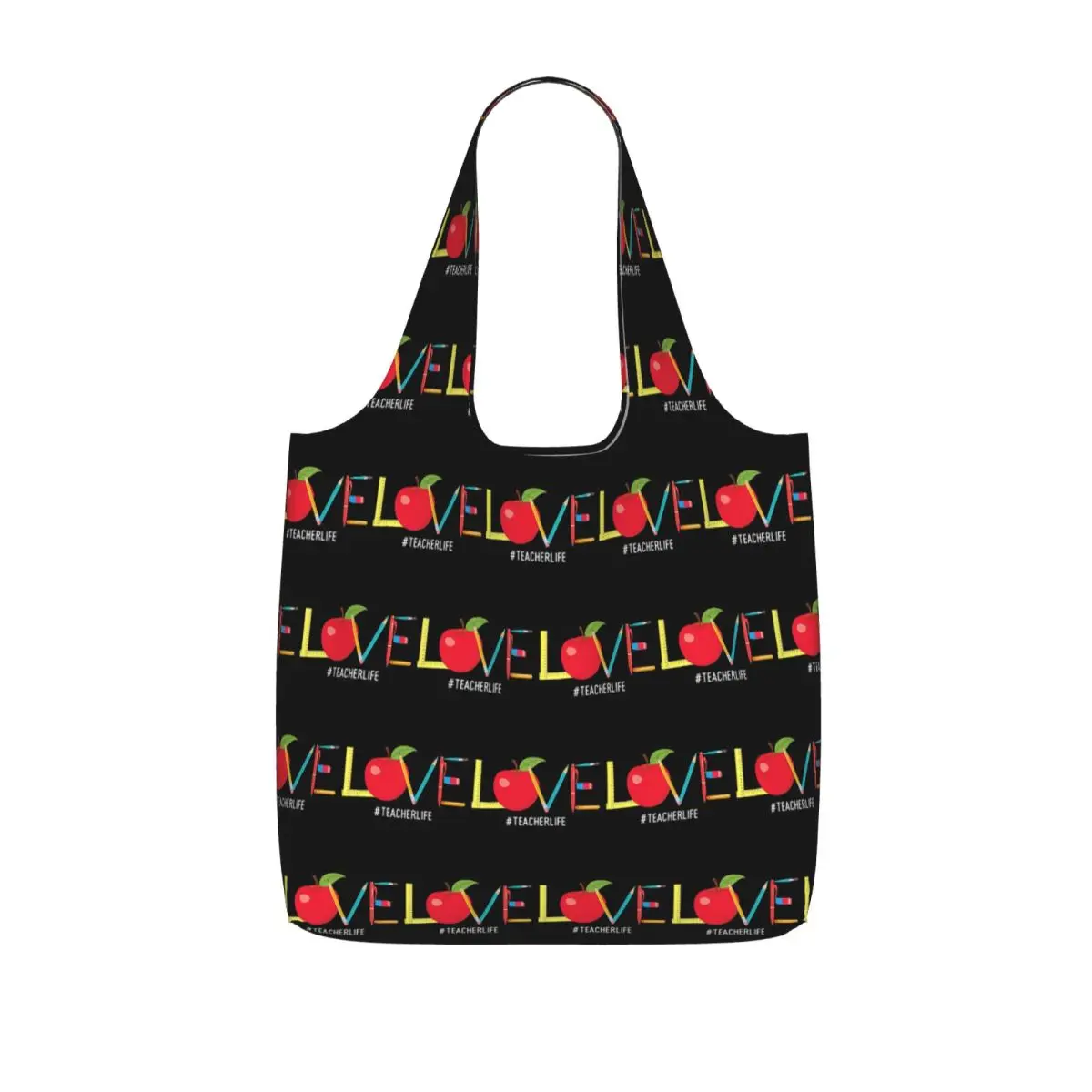 Love Teacher Life Apple Pencil Shopping Tote Bag Canvas Large Capacity Shoulder Bags Shopper Grocery Handbag for Women