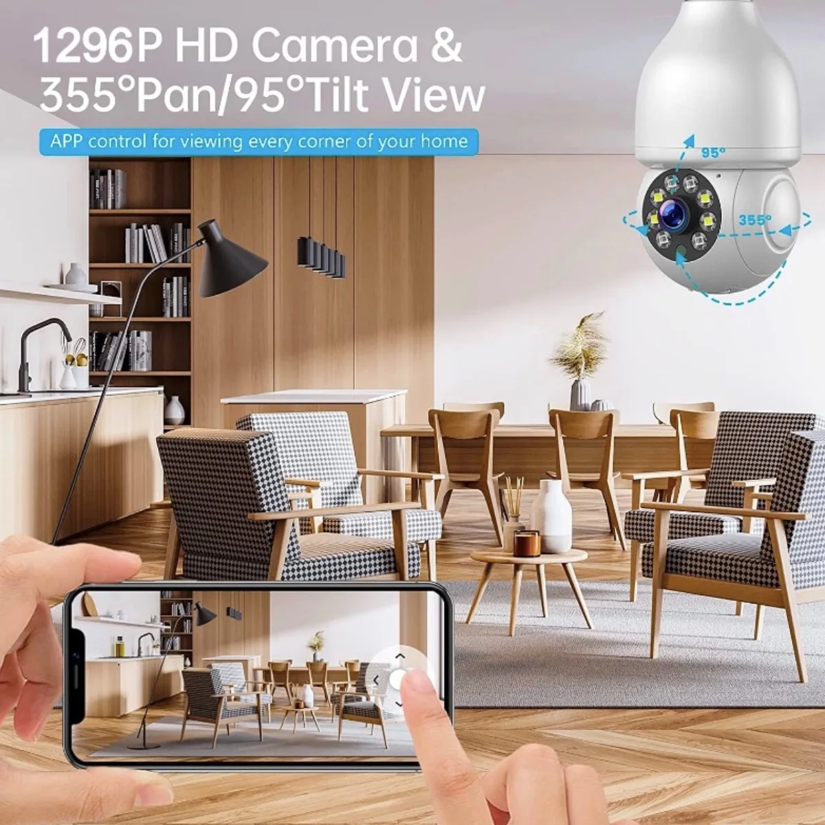 Light Bulb Camera E27 3MP 1296P Resolution Home Wifi Security Camera, 360 PTZ Indoor/Outdoor Security Camera, Works with Alexa