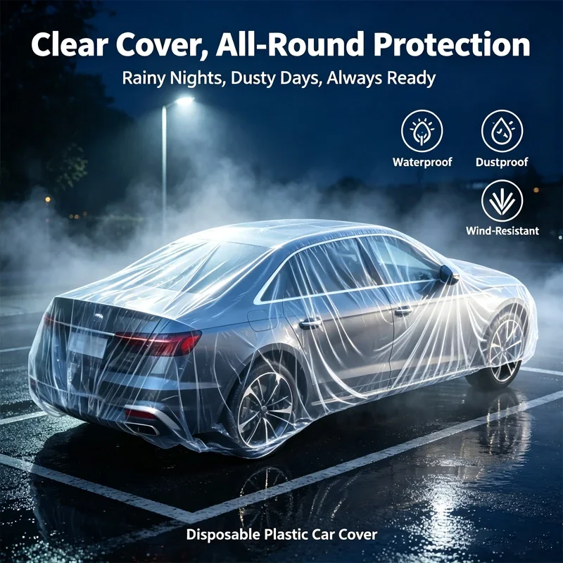 Transparent PE disposable car cover, waterproof,rainproof and dustproof,protecting the car paint surface from outdoor pollutants