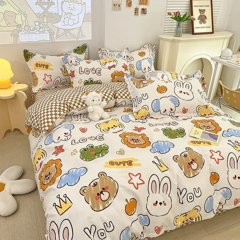 Zoo Cotton Duvet Cover Set Cartoon Cat Bear Rabbit Crocodile Lion Comforter Covers Cute Animal Bedding for Kids Girls Boys Woman