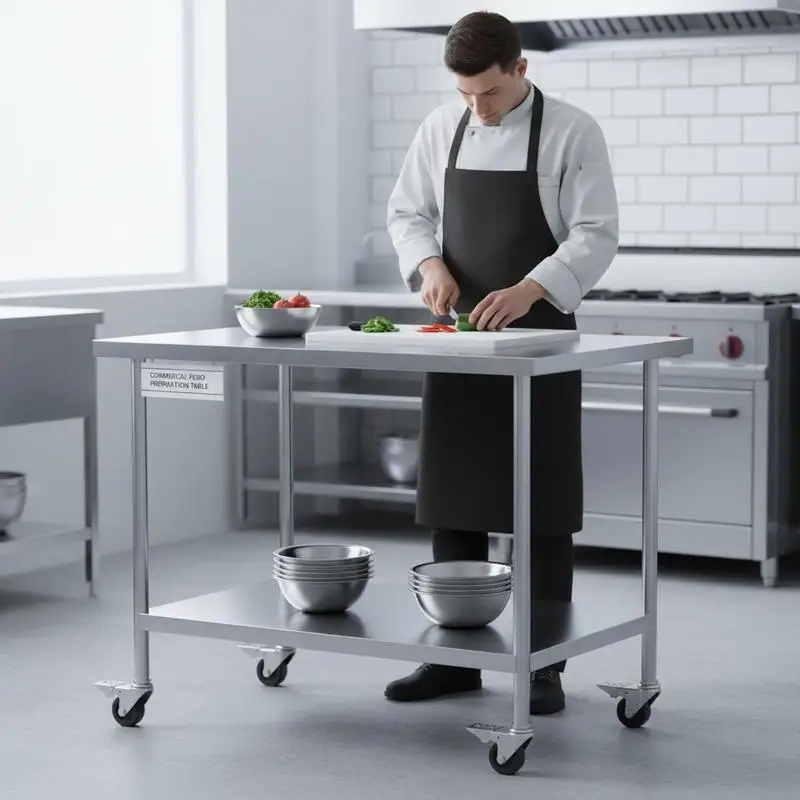 Table de travail en acier inoxydable, table de préparation avec 4 roulettes, 3 niveaux de hauteur réglables, table de préparation alimentaire pour cuisines commerciales et restaurants, argent