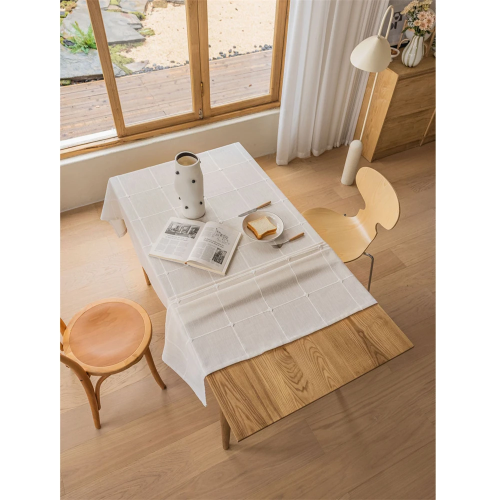 White Large Rectangle Embroidery Solid Tablecloth Cotton Linen Blend Dust-Proof Table Cover for Kitchen Dinning Tabletop Decor