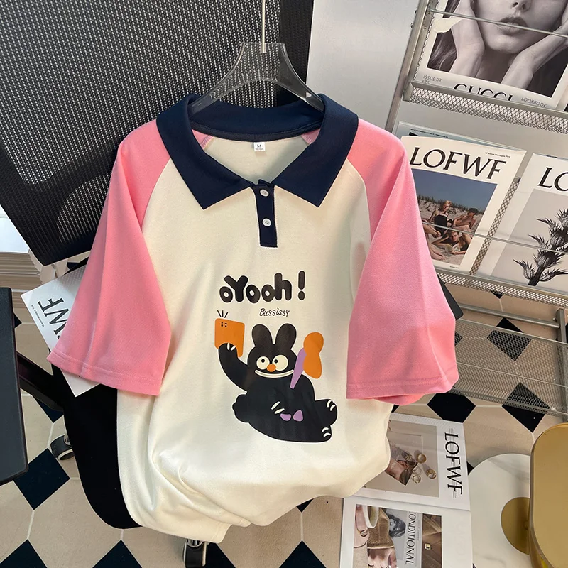 Polo Neck T-shirt Women's Short-sleeved Summer Loose Top Trendy Brand Midi Length Women Tshirts
