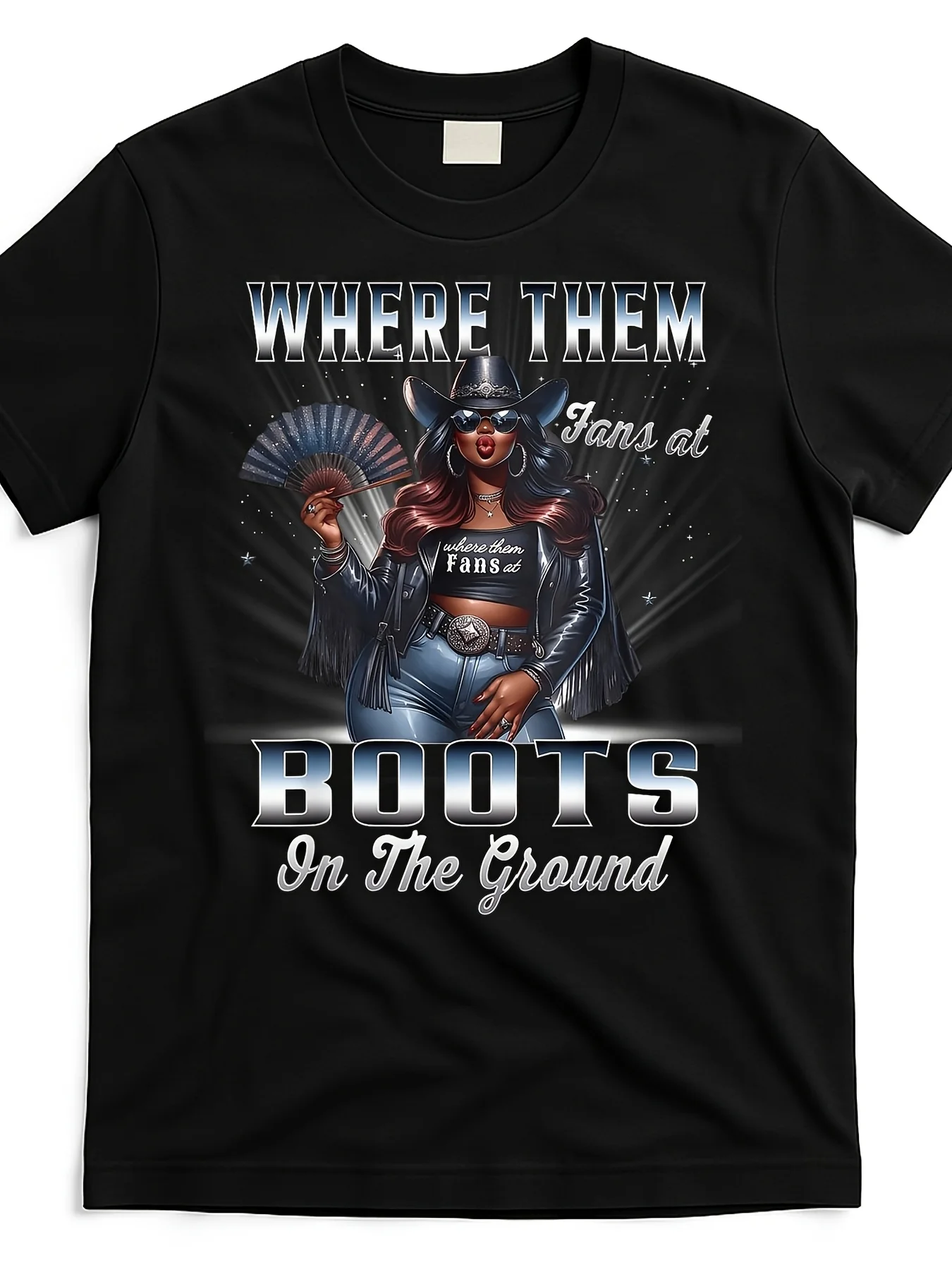 

Women's Vintage Cowgirl Graphic T-Shirt - "Where Them Fans At" & "Boots on the Ground" Print, Comfortable Cotton Round