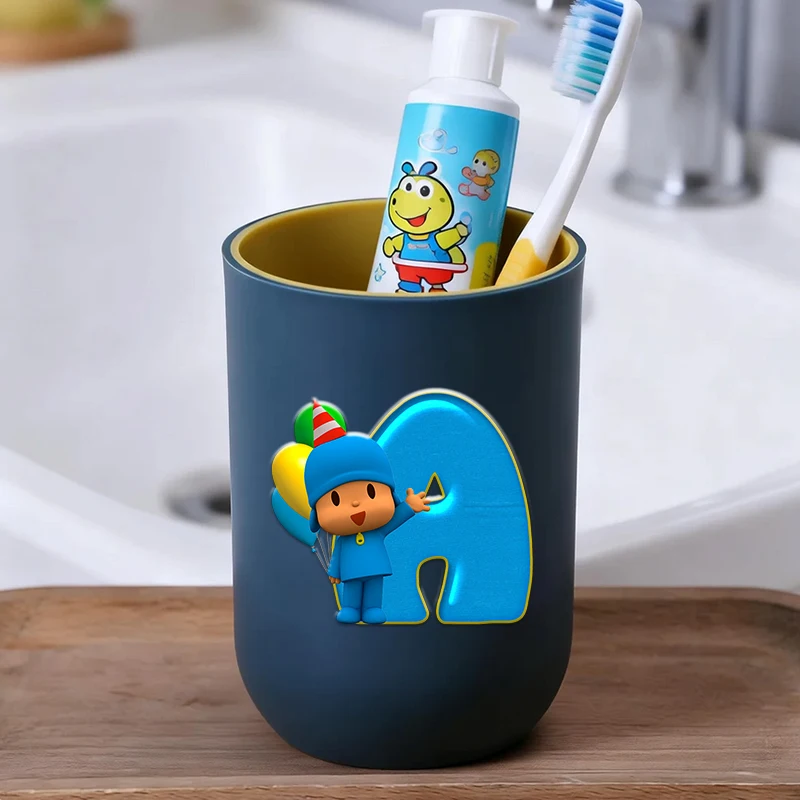 Pocoyos Series Portable Toothbrush Holder Cartoon Letter A-Z Multifunction Wash Tooth Cup Travel Washing Water Mug Birthday Gift