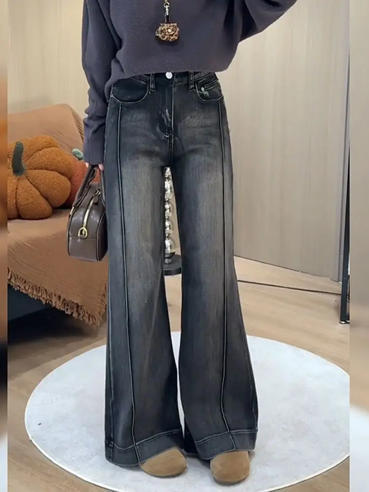 

Женские джинсы в американском стиле с пэчворком, винтажные, с эффектом потертости, облегающие, микро-клеш, в пол, для уличного стиля