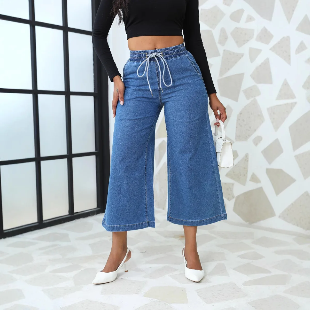 High Quality Stylish High-waisted Denim Wide-leg Nine-quarter Pants.Spring and Summer Stretch Casual Straight-leg Jeans Women