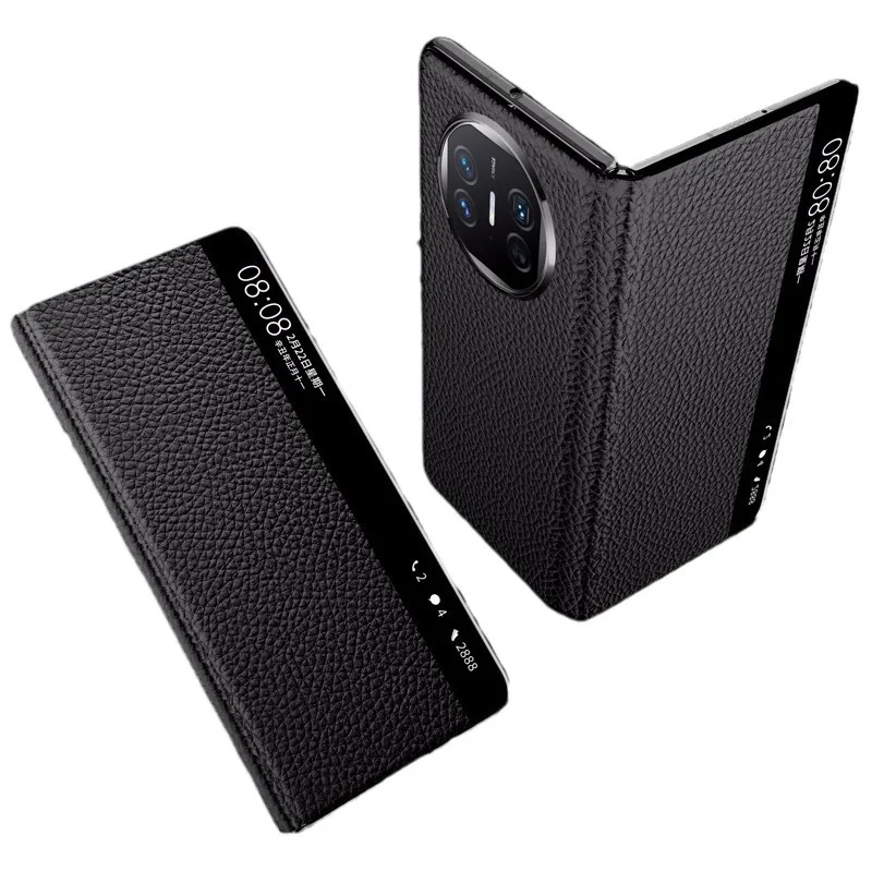 Luxury Genuine Leather Smart Window Protective Case For Huawei Mate X6 X5 X3 Collection Version Clamshell Folding Cover