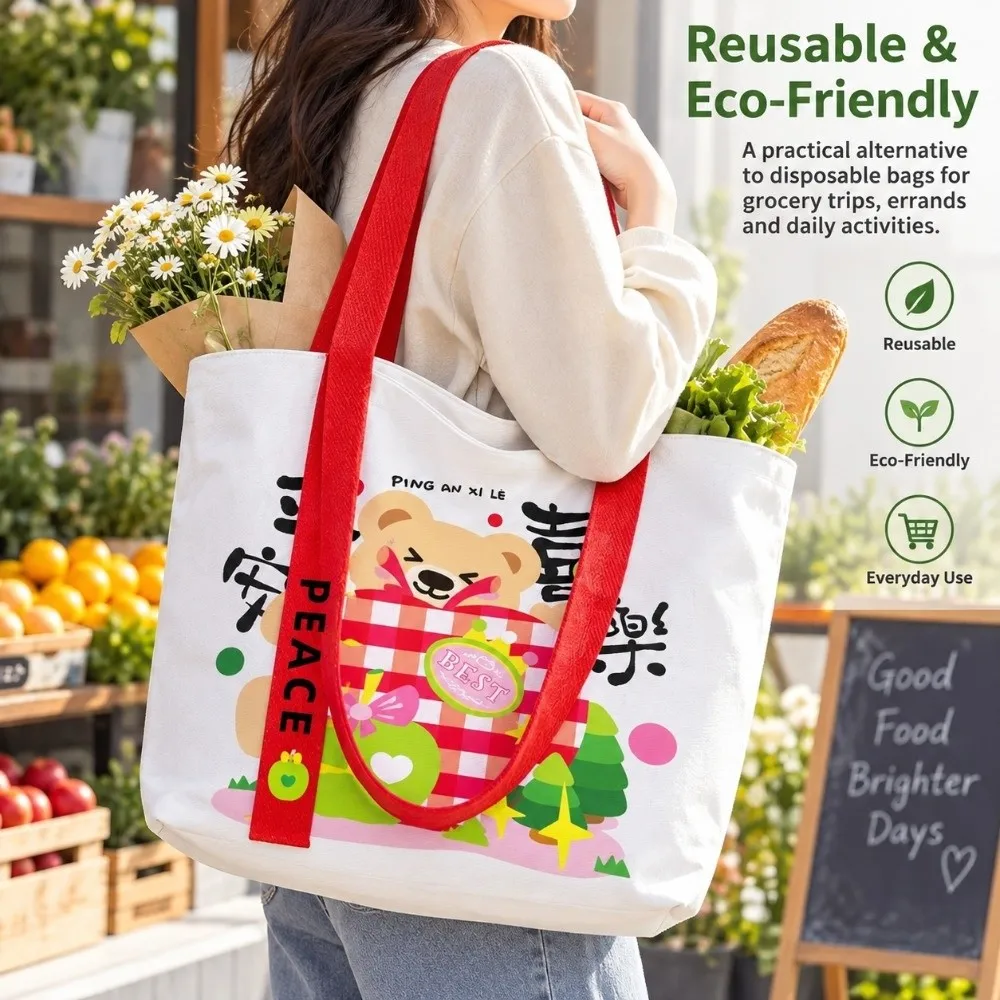 Portable Cartoon Print Canvas Tote Bag Large Capacity Reusable Canvas Bag Peace Joy Cute Bear Lunch Bag Daily Use