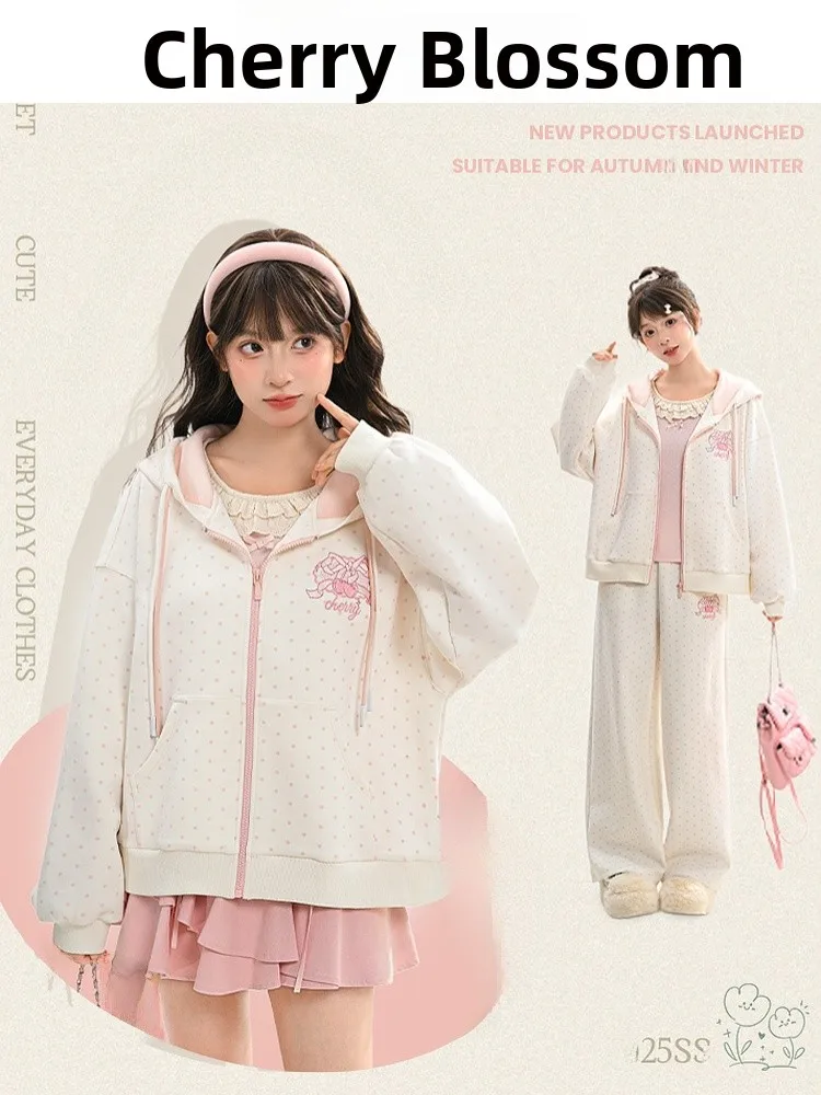 

College Sle Loose Long Sve Polka Dot Hoodie Women's Jaet Spring Autumn New Arrival Casual Comfortable Cotton Blend