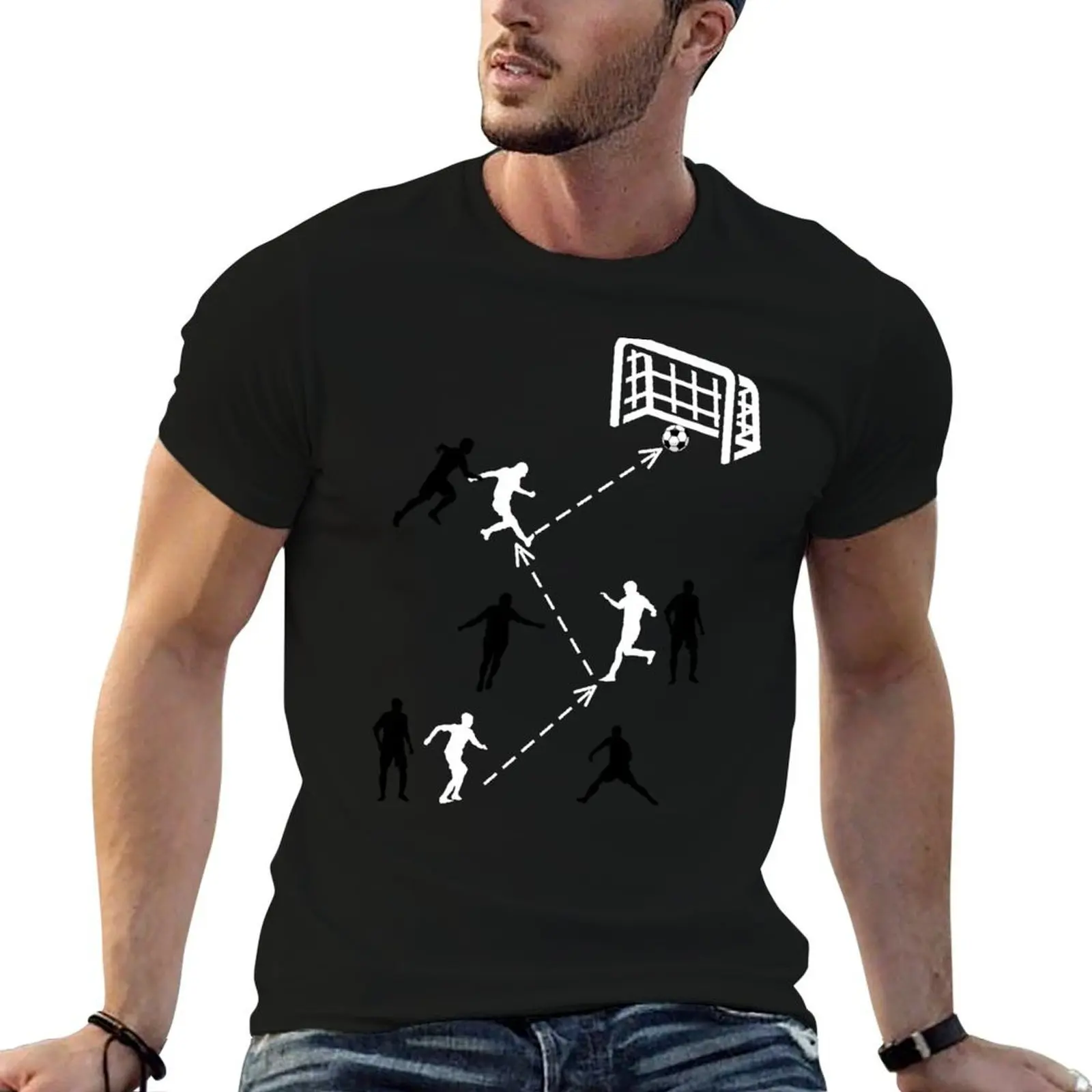 Забавный футбол, играй в футбол, футболисты, футбольное поле, ворота в матче, футболка, мужская дизайнерская футболка