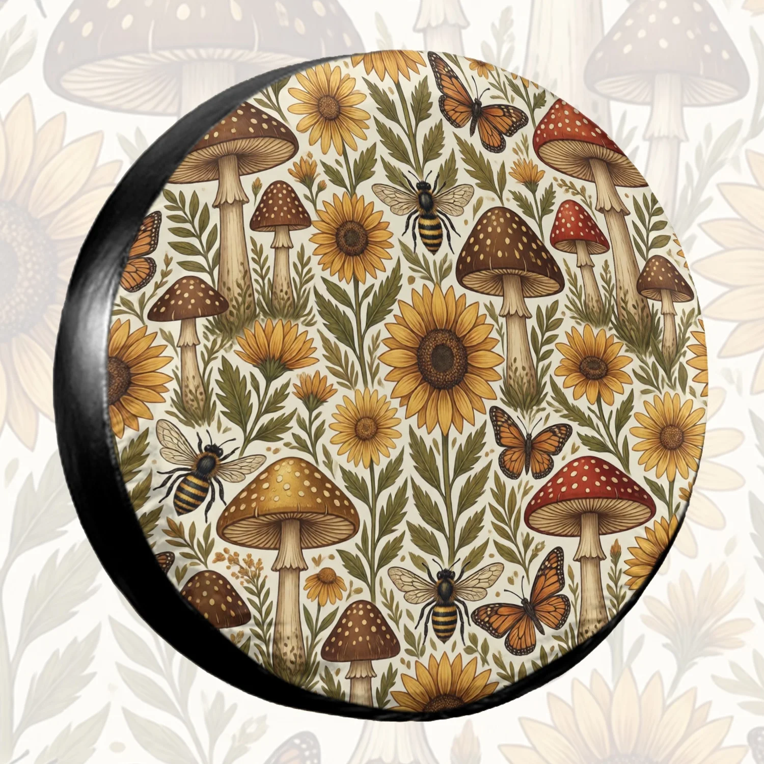 Botanical Mushroom and Sunflower Spare Tire Cover Durable Polyester Waterproof Wheel Protector for SUV Truck