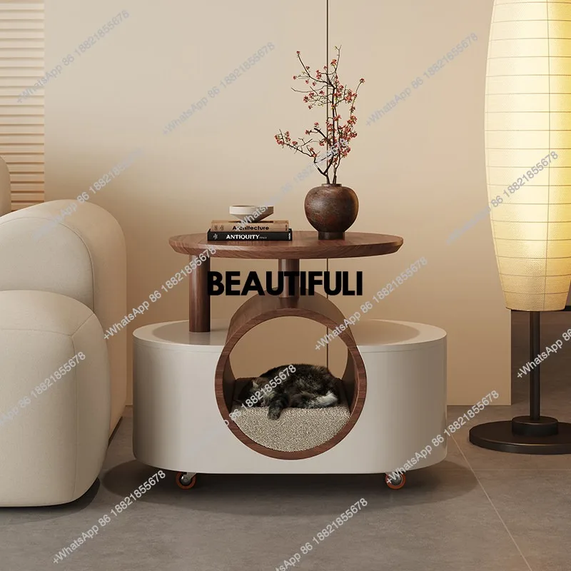 round cat litter with cat tree integrated pet supplies, special-shaped side of the living room, a few corners and cabinets