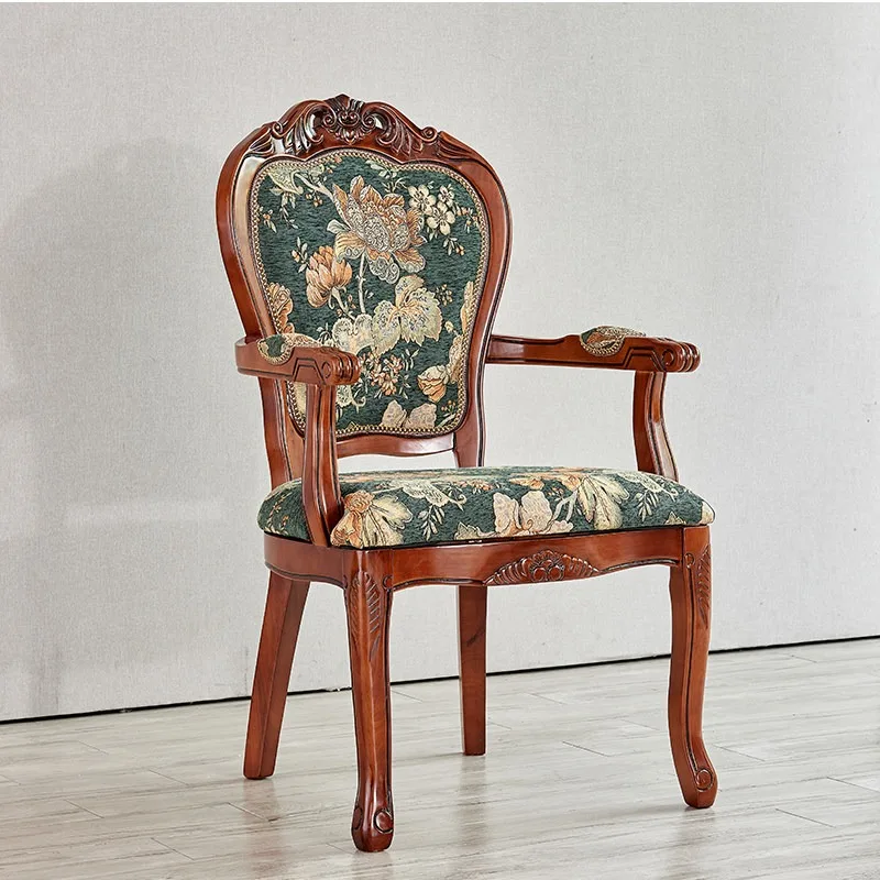 

Dining chair Solid wood carving flower fabric Armrest chair Hotel restaurant Dining chair