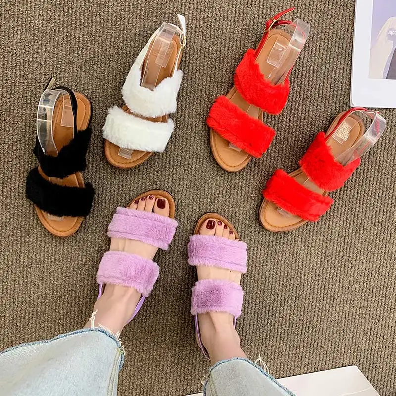 2022 Beach Shoe Casual Summer Women Sandal Solid Faux Fur Peep Toe Leisure Buckle Ladies Flat Shoes Female Footwear Plus Size 43