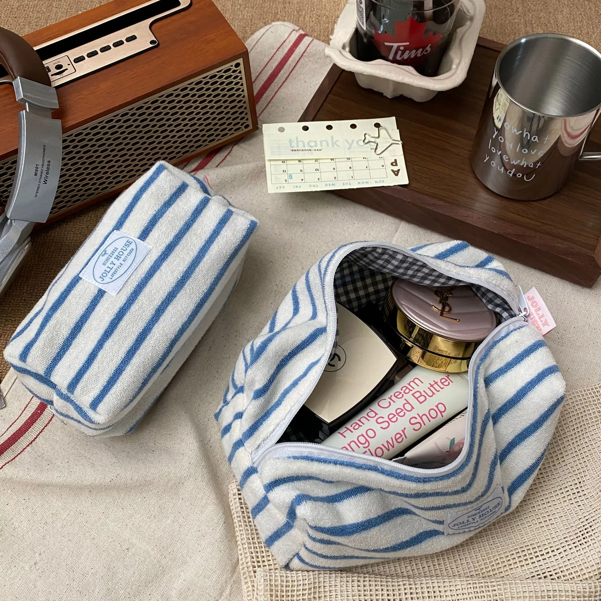 Diseño a rayas, bolsas de cosméticos de toalla suave para mujer, bolsa de almacenamiento de almohadas portátil ligera para mujer, bolsos de viaje informales para niñas, bolso de mano