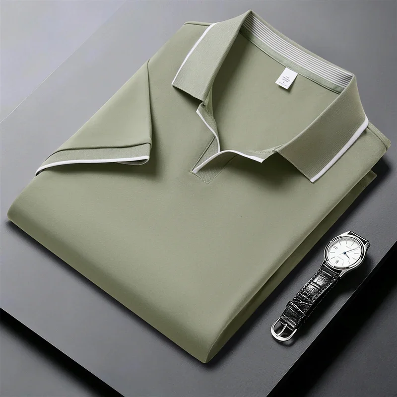 Men thin ice silk short sleeve polo shirt lapel piping trim open placket breathable slim summer business daily casual top
