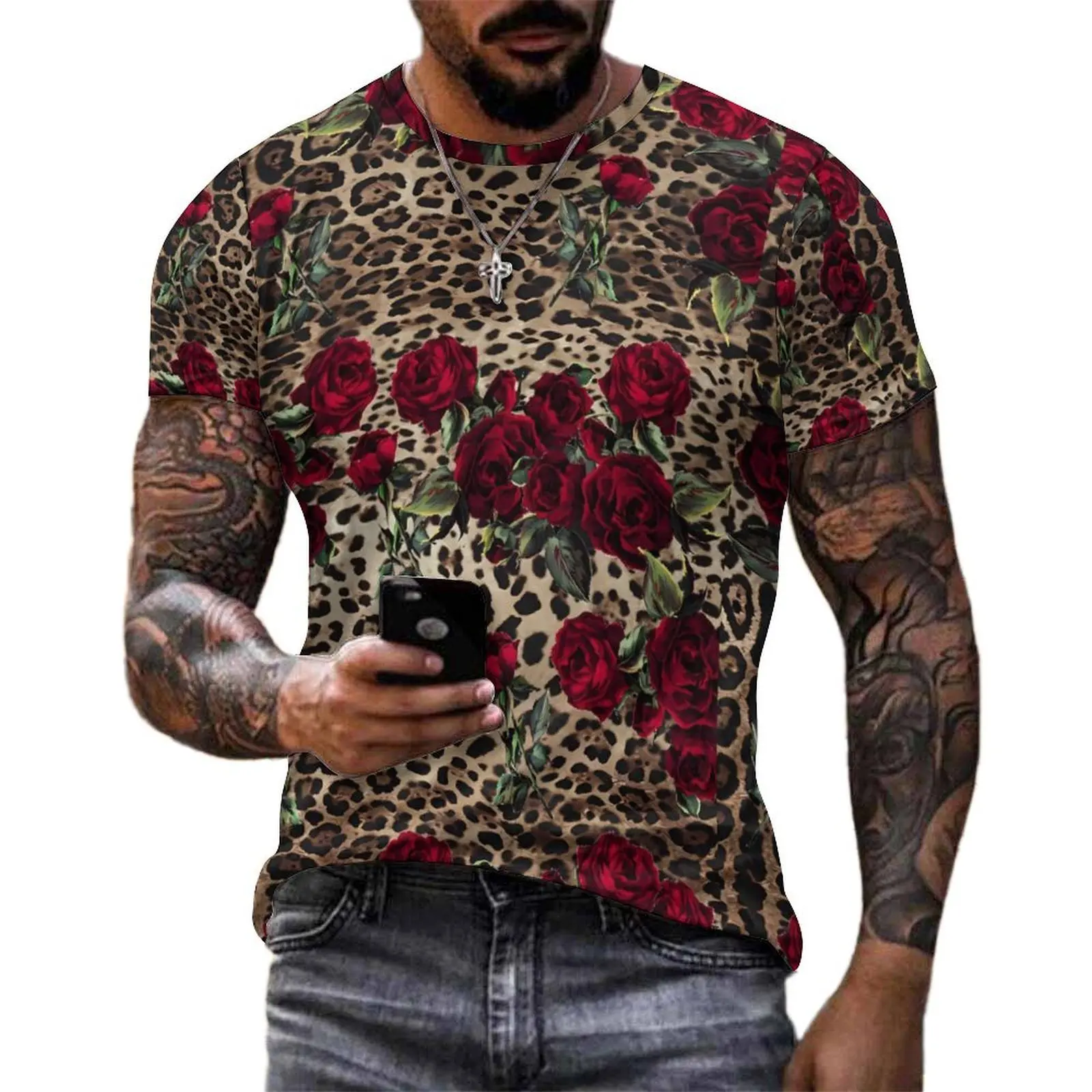 Floral Leopard Print T Shirt For Man Red Roses Custom O Neck T-Shirts Premium Retro Tops Short-Sleeved Oversized Tee Shirt