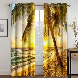 3D Print Modern Sunset Beach Scenery Natural Landscape Banana Leaf 2 Pieces Shading Window Curtain for Living Room Bedroom Decor