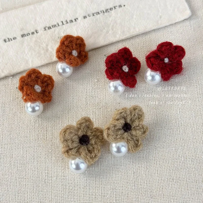 Earrings Floral Knit Pearl Colorful Fall Winter Minimalist Unique Handmade Texture  Stud for Women Daily Sweet Boho Style