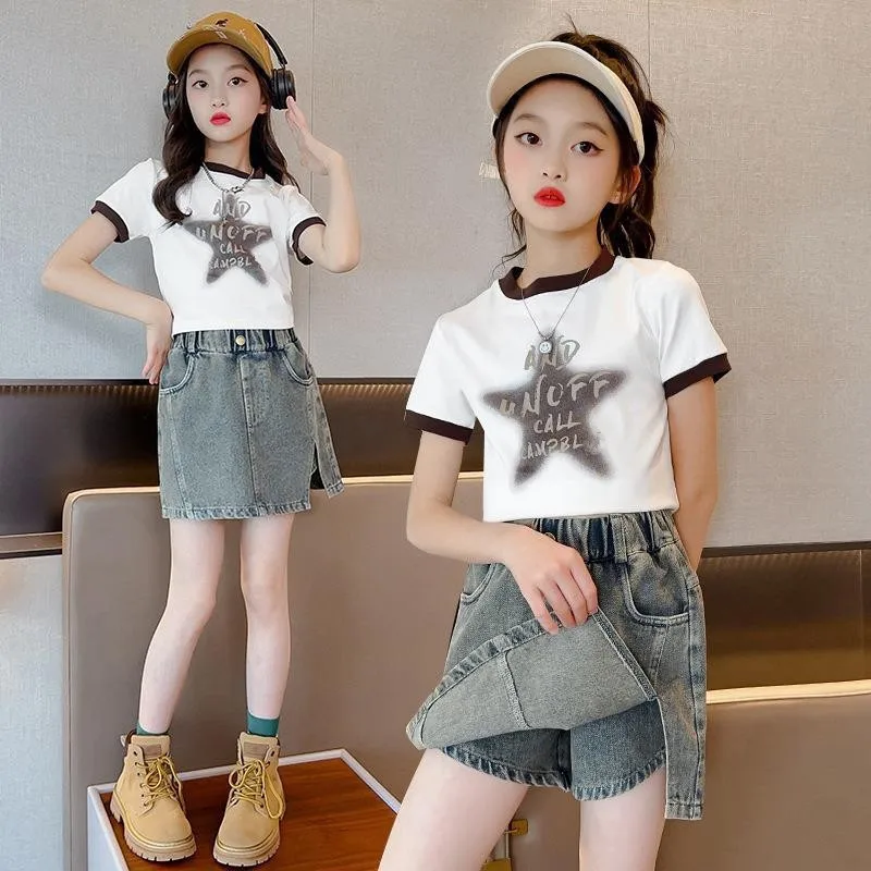 Summer Girls Skirt Shorts Clothes Sets Short-sleeved T-shirt+Denim Culottes Two-piece Child Suit Kids Girl Suit Children Outfits