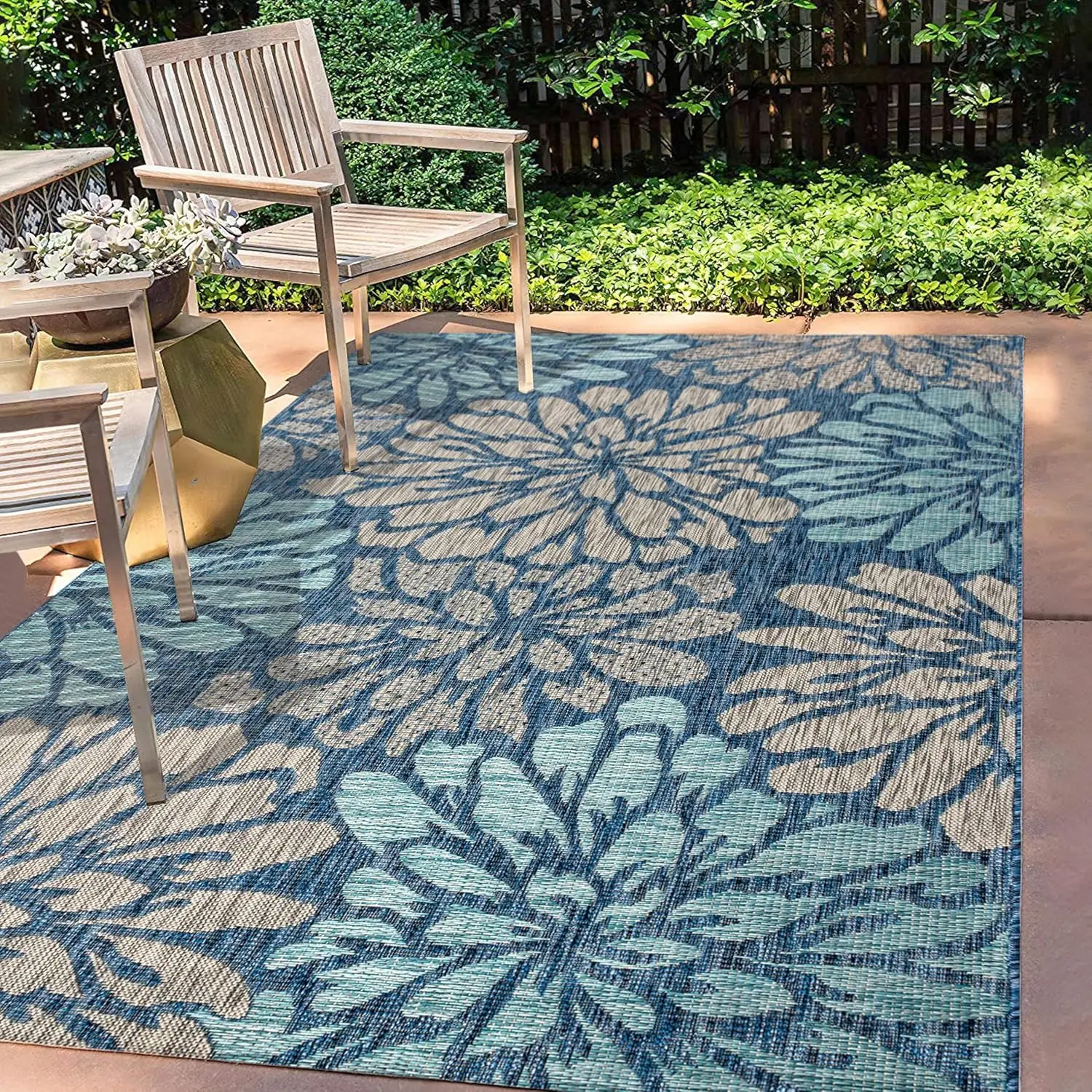 

Floral Textured Weave Indoor Outdoor Area Rug 3X5 Navy/Aqua, Zinnia Modern for Backyard, Patio, Porch, Easy-Cleaning, High Tr