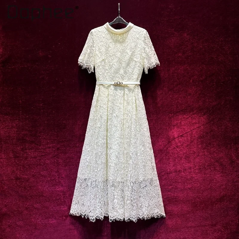 

Temperament Celebrity Elegant Short Sleeve Lace Long Dress for Women High Sense 2025 Summer New Dresses Fashion Slim White Dress