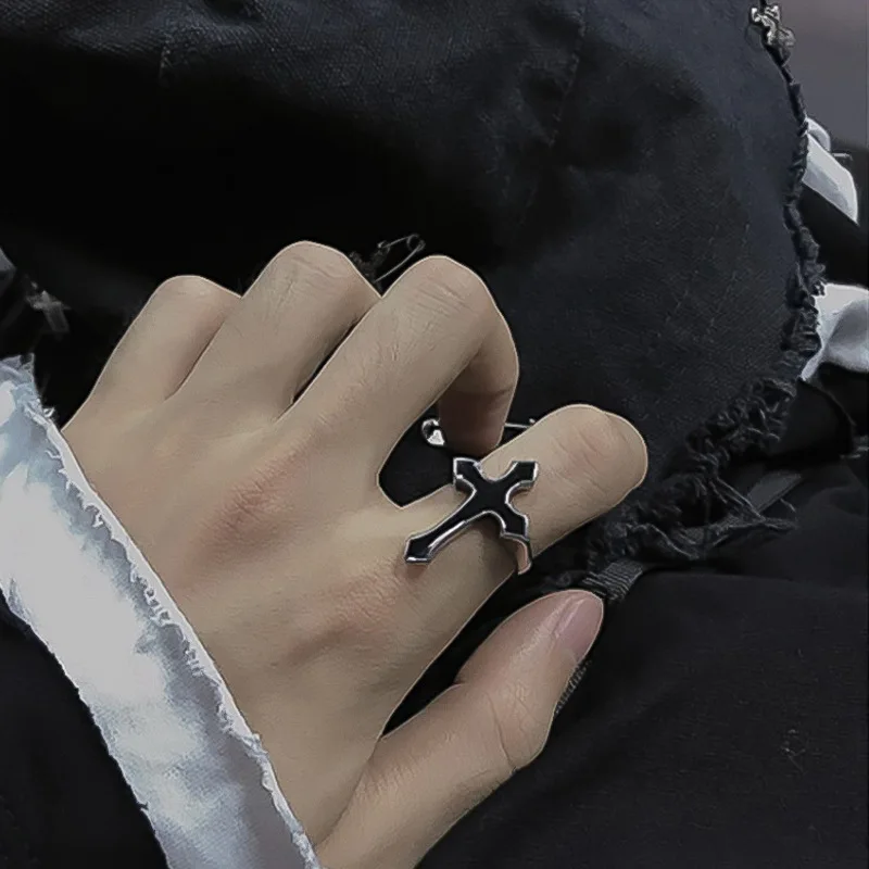 Western Gothic Cross shaped Ring for Men Punk Dark Anime Opening Adjustable Black Cross Ring for Women Jewelry Accessories