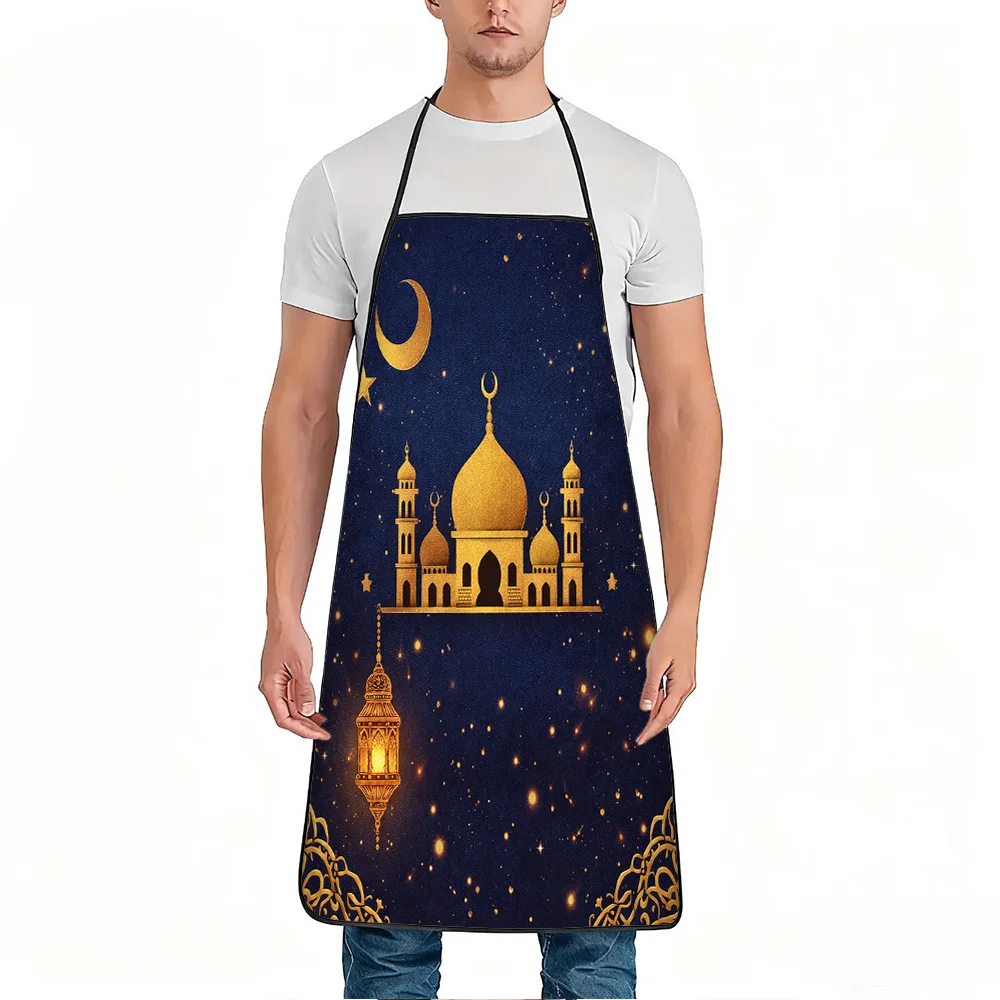 1pc Golden Mosque Moon Lantern Print Apron, Durable and Easy to Clean, Adjustable Waistband, Polyester Material, for Kitchen Coo