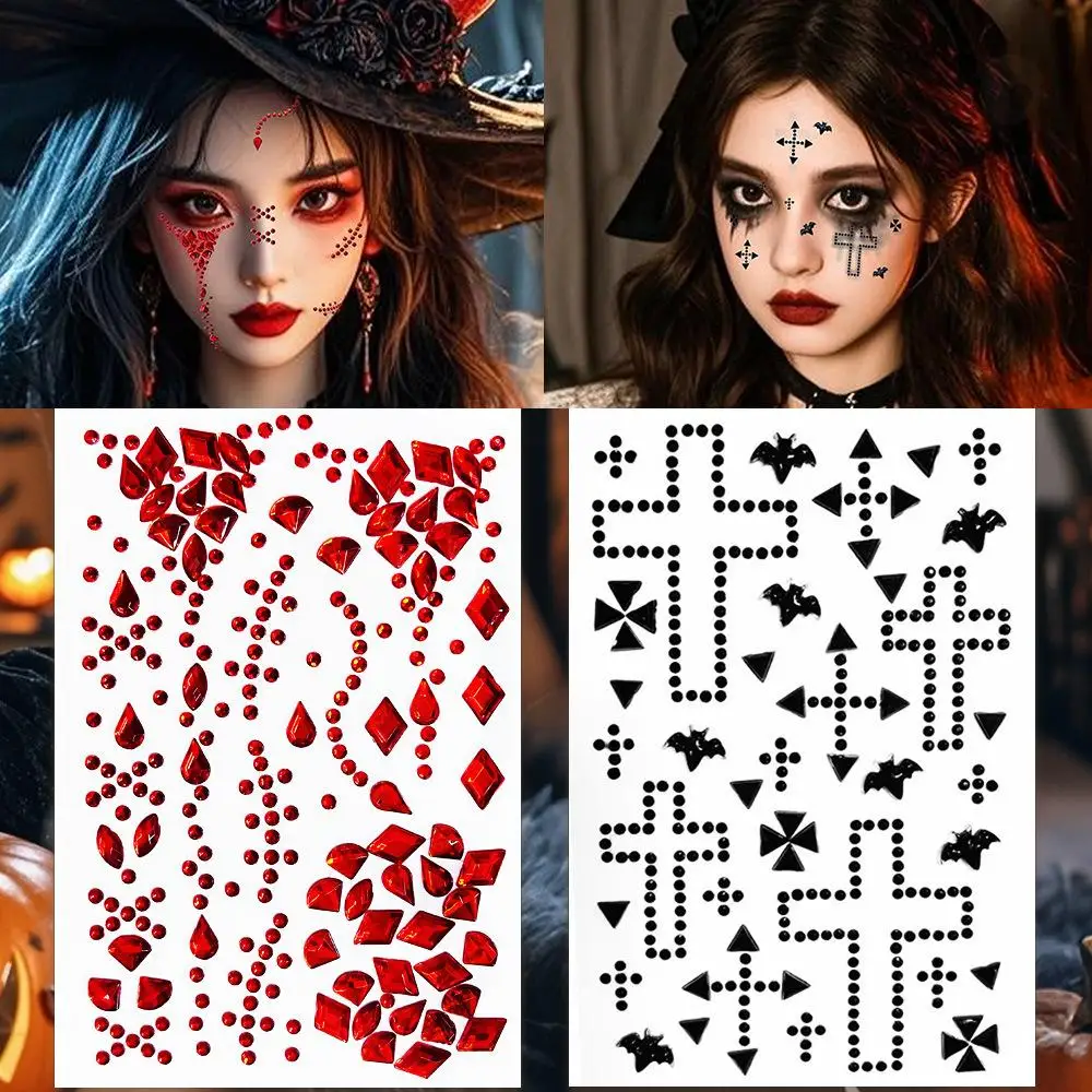 

Halloween face stickers,Temporary Tattoos with red black diamond,cross bat blood tears makeup fake tattoo for halloween party