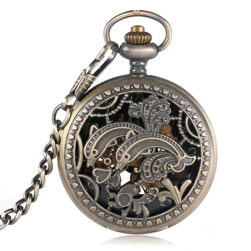 Classic Hollow Dolphin Case Unisex Pocket Watch with Handwinding Mechanical Movement Arabic Numeral Dial Fob Pendant Chain reloj