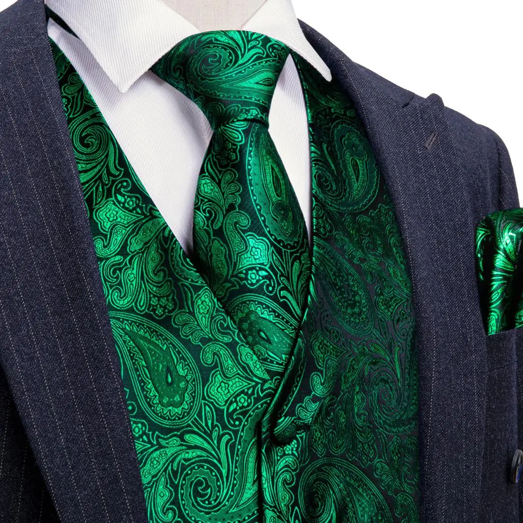 Elegant Men's Vest Silk Green Plaid Paisley Flower Embroidered Waistcoat Tie Set Male Suit Dress Sleeveless Jacket Barry Wang