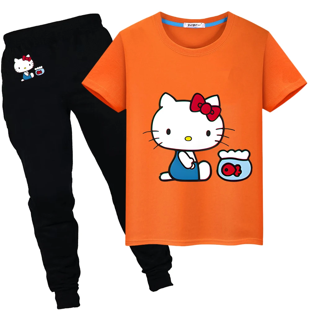 

Спортивный комплект hello kitty из 100% хлопка, футболка с принтом, летние короткие + брюки, милые топы, Милая футболка, детский праздничный подарок, одежда для мальчиков и девочек