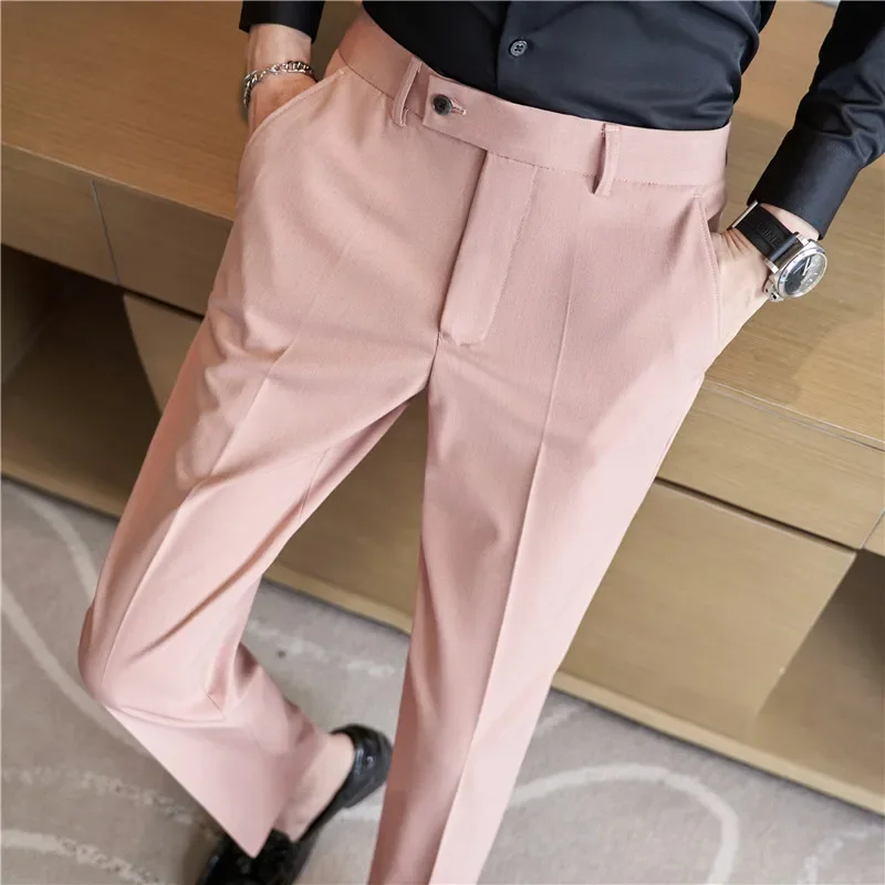 Setelan pakaian pria, celana kasual tampan gaya Korea panjang Formal bisnis Slim Fit biru merah muda, pakaian mode musim gugur