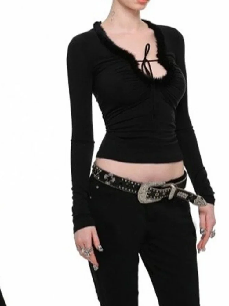 

Y2K Vintage Fur Patchwork Cropped T-Shirt for Women, Sexy Bandage Bodycon Streetwear Top