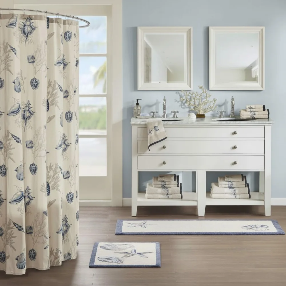 

Ultra Soft Non-Slip Absorbent Cotton Bath Mat, Seashell Beach Style Bathroom Rug, 24x60 Inches Blue for Coastal Decor