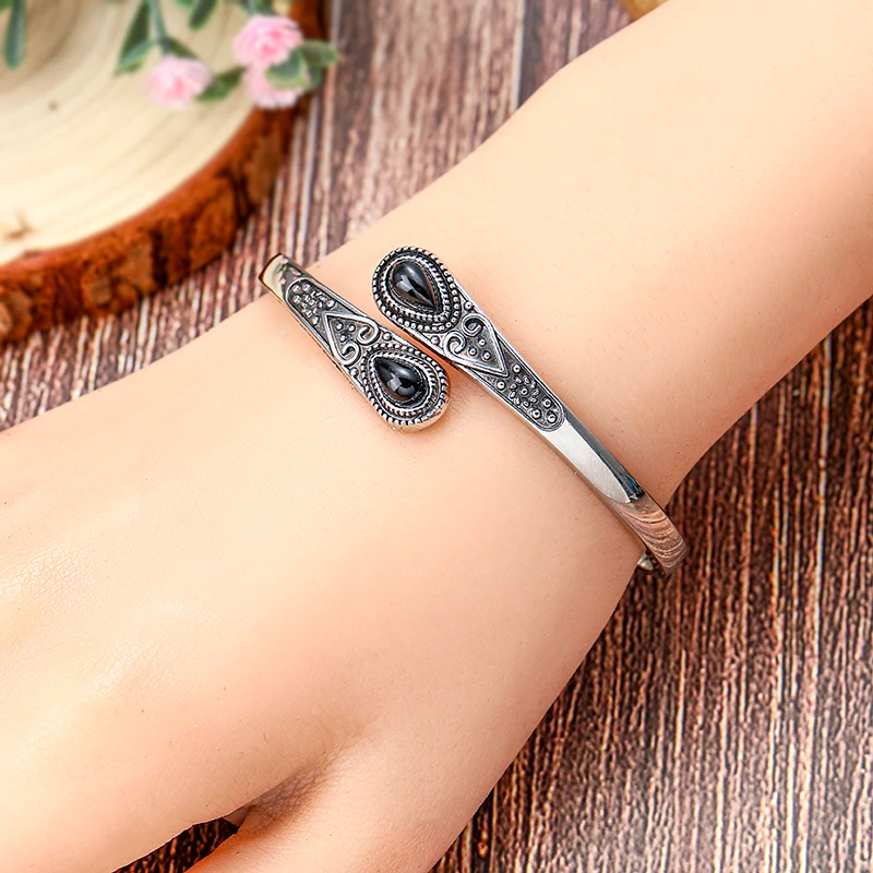 Vintage Ethnic Style Inlaid Imitation Natural Stone Bracelet Elegant Open Adjustable Cuff Bracelet Women Men Party Jewelry