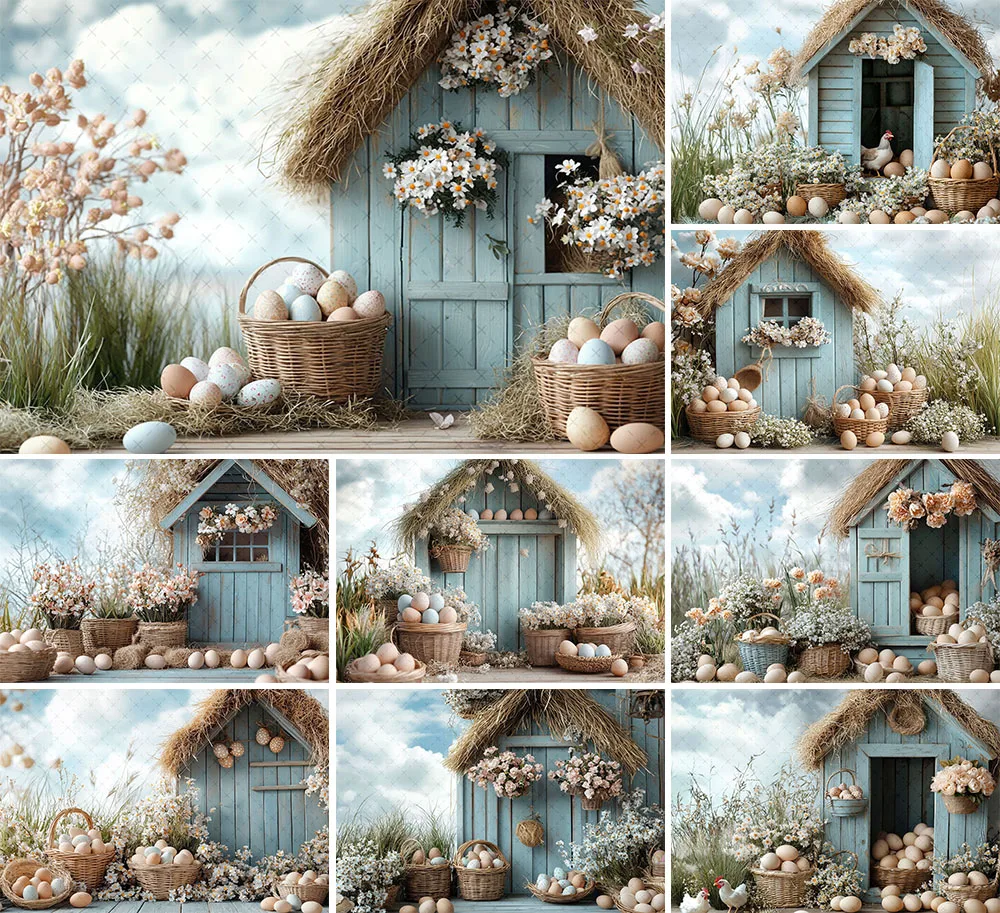 Mehofond Photography Background Spring Easter Floral Blue Cottage Eggs Kids Birthday Party Portrait Decor Backdrop Photo Studio
