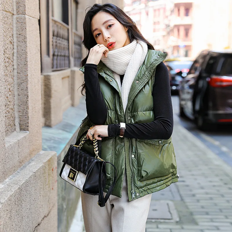 

Autumn Winter Drawstring Bigsize Down Waistcoat Jacket Women Warm Light White Duck Down Vest Parkas Ladies Sleeveless Tank Coat