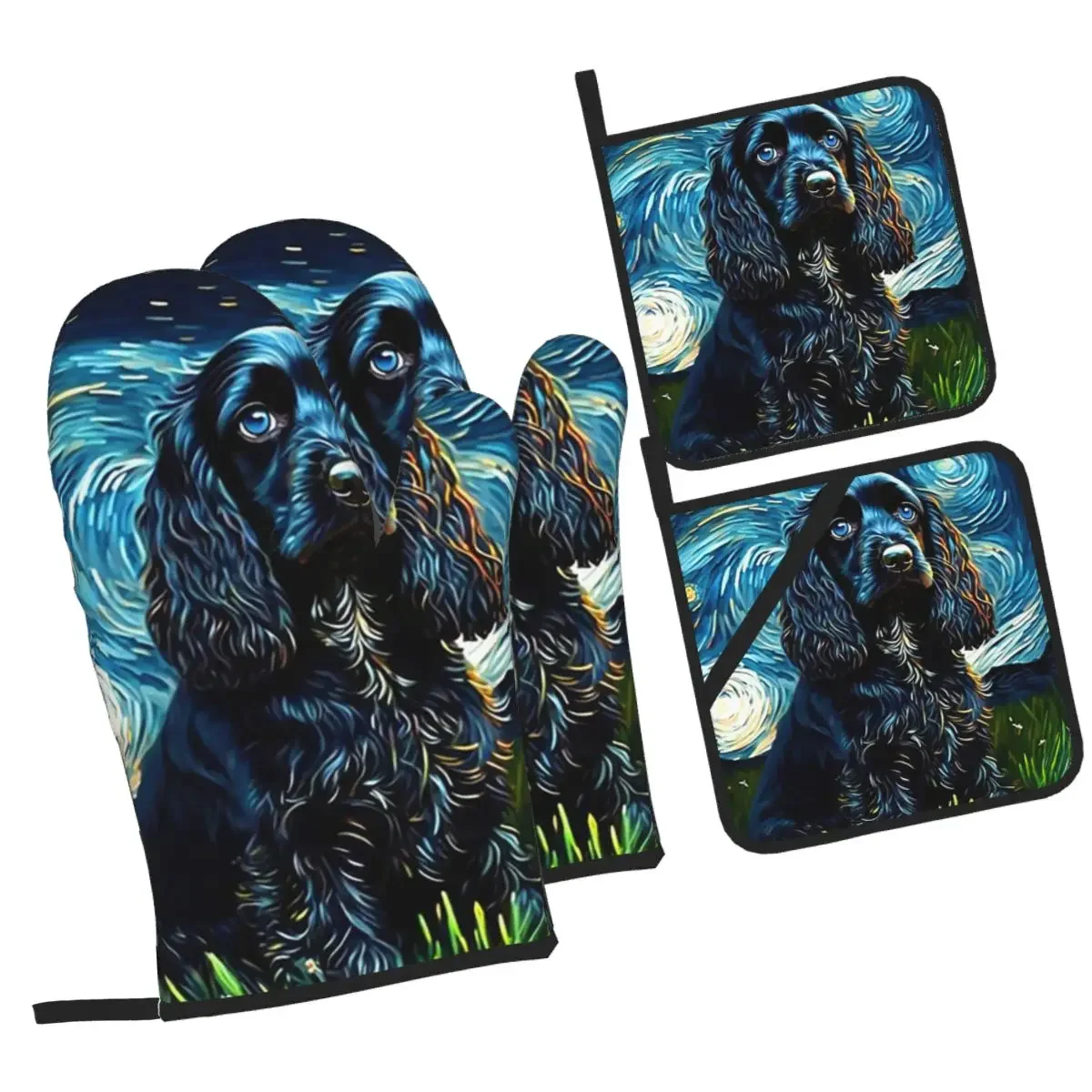 A Cocker Spaniel Puppy Starry Night Oven Mitts and Pot Holder Sets of 4 for Baking Kitchen Cooking BBQ Resistant Non-Slip Gloves
