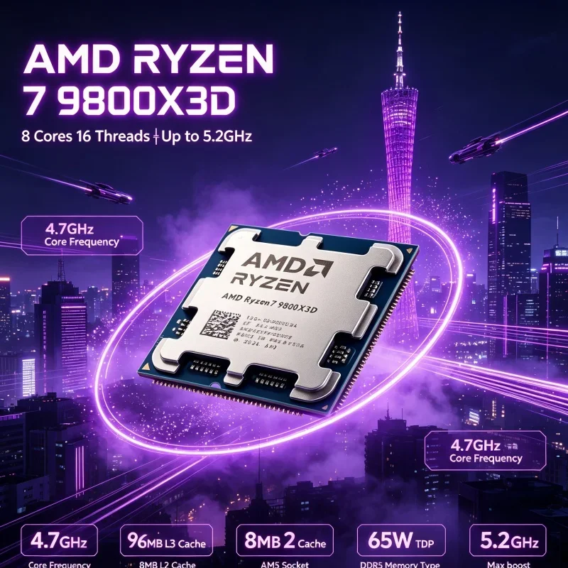 AMD Ryzen 7 9800X3D CPU Processor 120W 8 Core 16 Thread 96MB L3 Cache 4.7GHz 5.2GHz Boost AM5 DDR5 4NM Desktop No Fan Tray