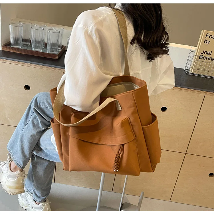 Retro Pure Color Simple Large Capacity Canvas Patchwork Commuting Tote Underarm Bag for Women Student