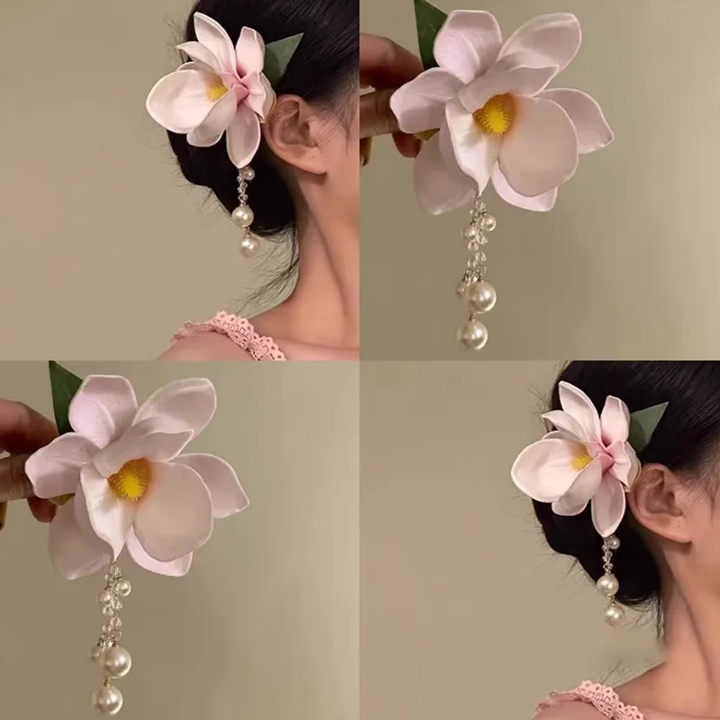 

Pink Magnolia Pearl Tassel Hairpin Gentle Premium Spring Clip Headgear Hairpin Female