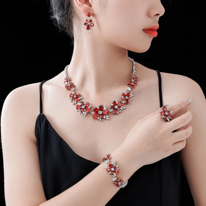 Fashion AAA Zircon Flower Crystal Rhinestone Necklace Earrings Ring Bracelet Set For Women Color Stone Jewelry Sets Pendientes