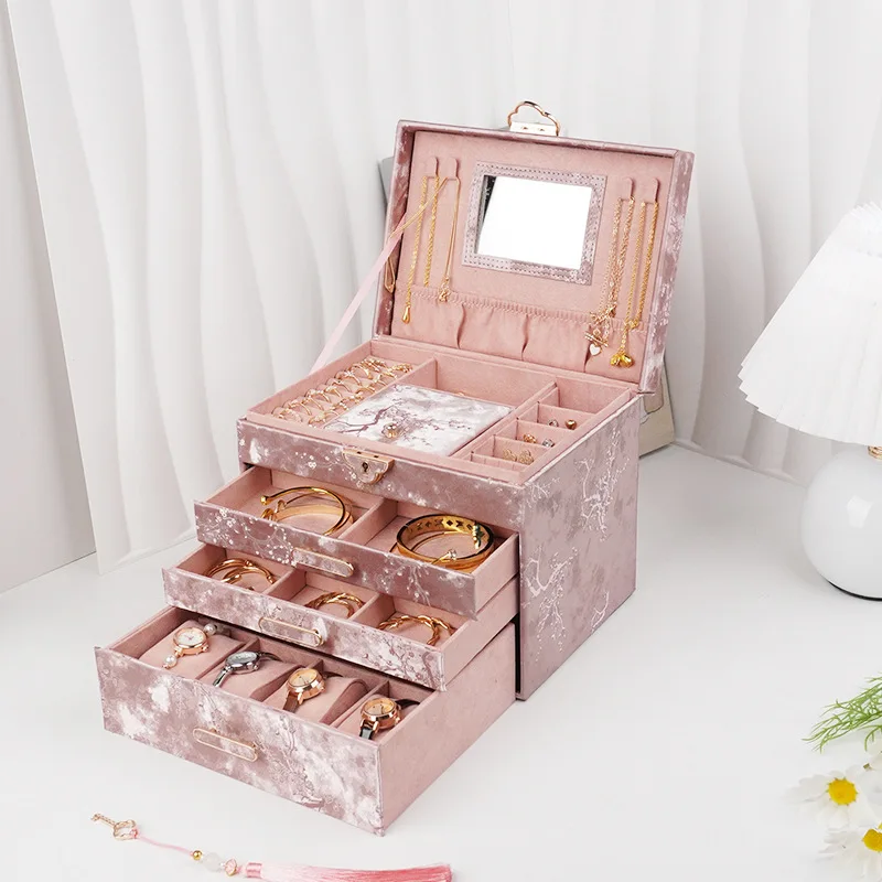 Four-layer portable light luxury satin large-capacity necklace, earrings, earrings, jewelry storage