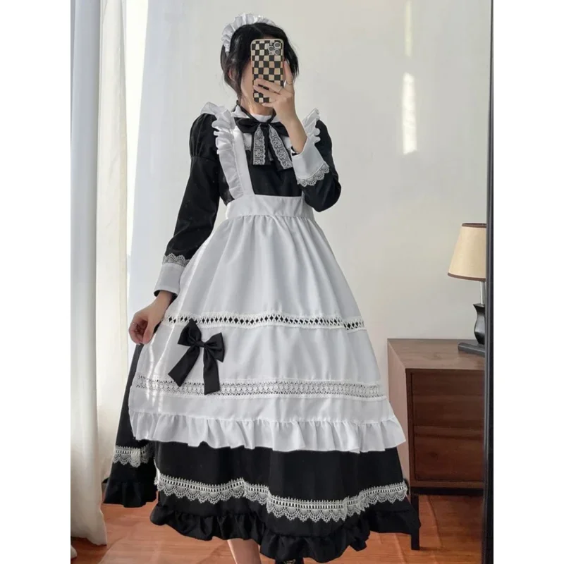 Plus size lolita jurk anime cosplay schoolmeisje meid uniform Goth Lolita zwart wit Dieval jurk lange mouw schort outfits E