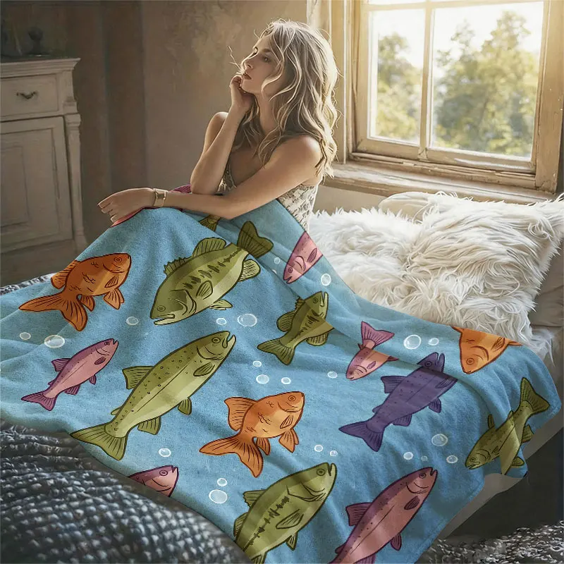 Fish Bubbles Stars Blue Flannel Blanket Perfect for Sofa Office Bed Travel Sleep Read Relax Camping Four Season Use