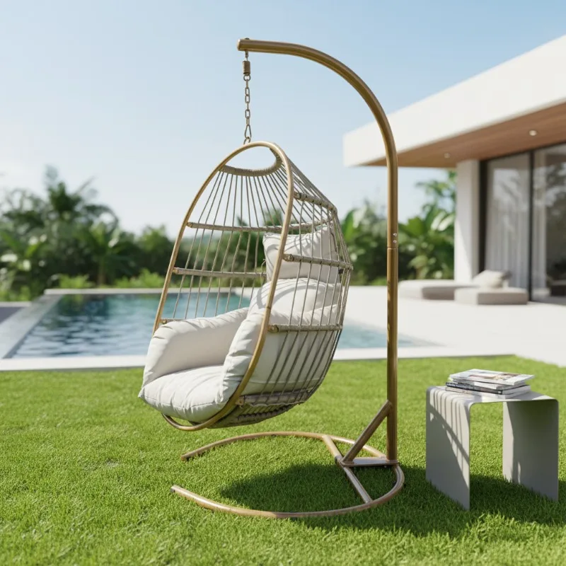 Outdoor Swing Eggshell Hanging Chair Modern Rattan Hanging Egg Chair With Stand Patio Swings